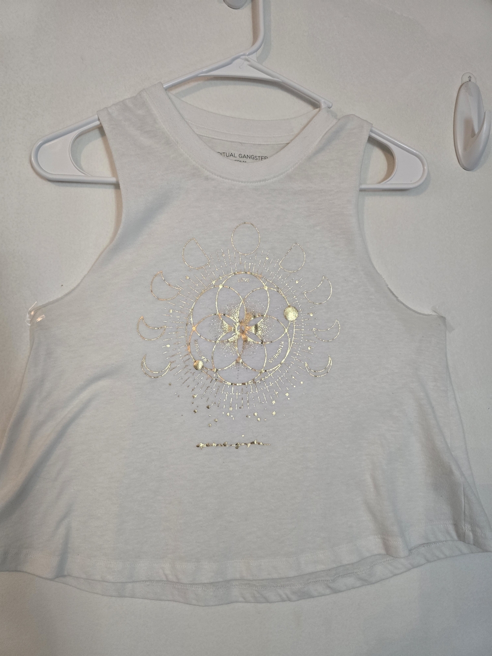 Spiritual Gangster - White Cropped Tank With Gold Celestial Graphic Sz M